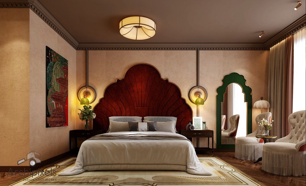 A guest room at The Deco Grand with a sculpted headboard and jewel tones