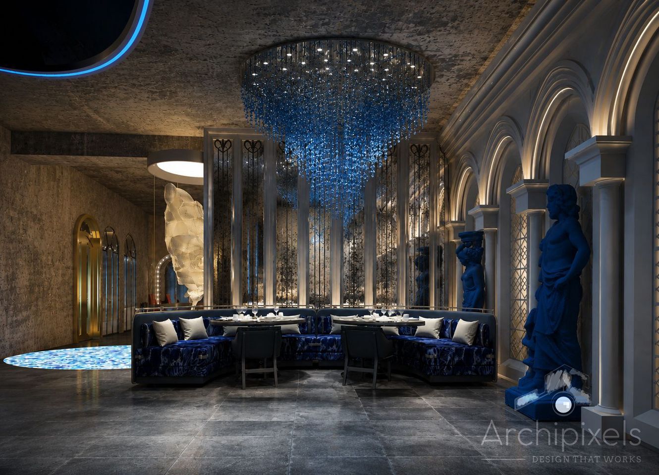 Hons, Grey Opera lounge with a celestial chandelier
