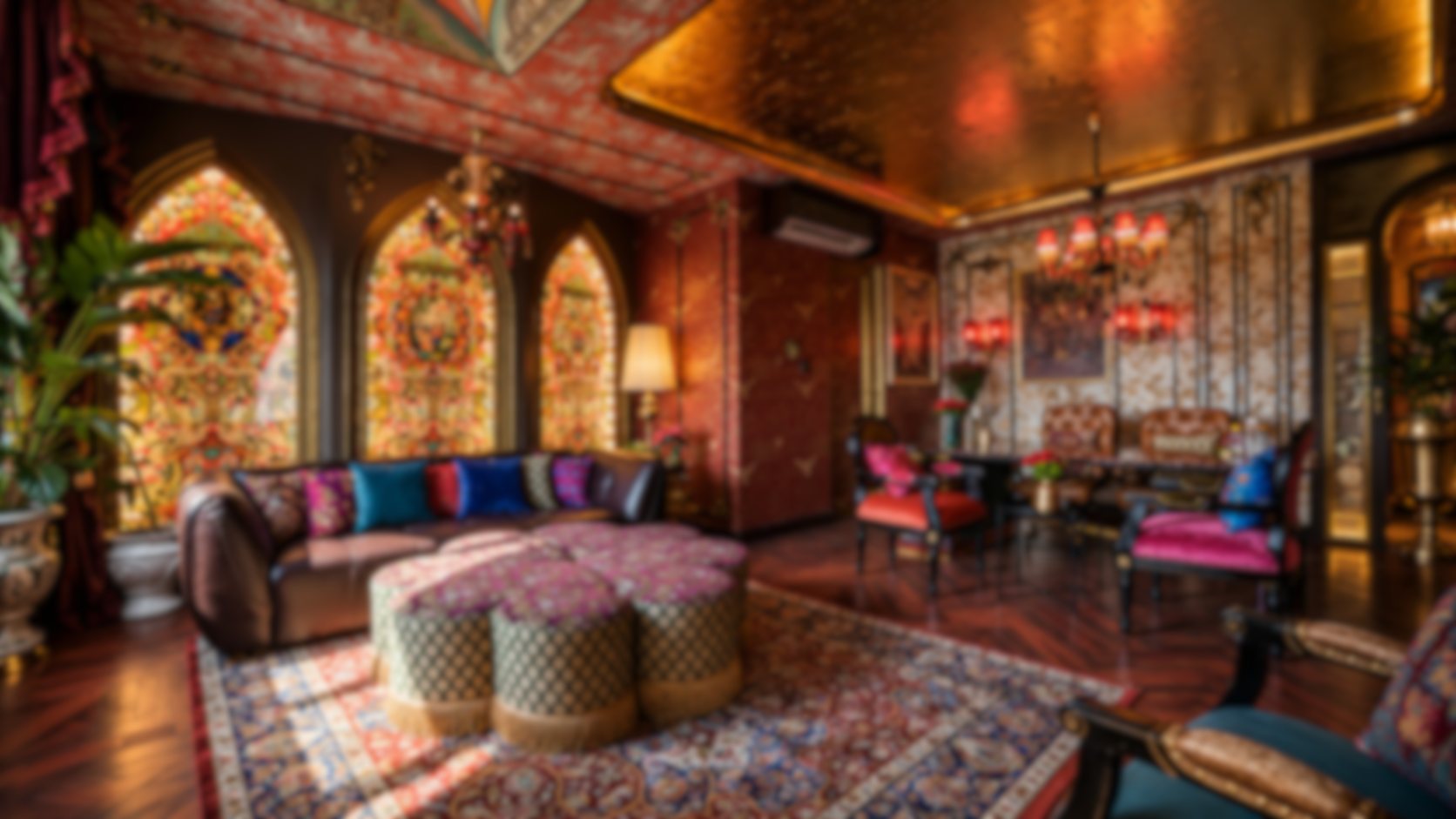A maximalist living room with stained-glass arched windows