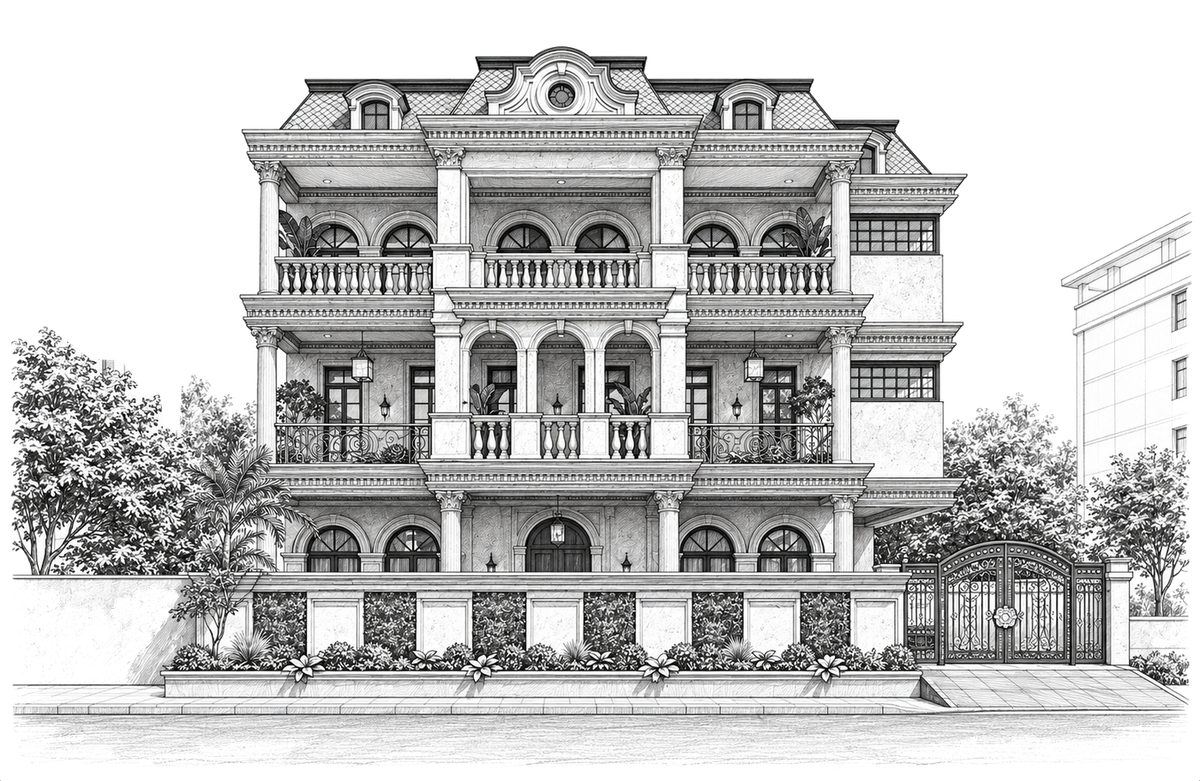 Pen drawing of a three-storey villa facade by Archipixels